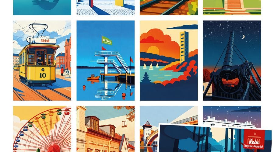 Vorschaubild des Jahreskalenders 2026 des Tourismusvereins Berlin Treptow-Köpenick e.V. mit zwölf illustrierten Monatsblättern, die verschiedene Sehenswürdigkeiten und Wahrzeichen des Bezirks zeigen, darunter Moleküle Man, historische Straßenbahn, Dampflok und lokale Architektur. Rechts unten ist das fertige Kalenderprodukt mit dem Hinweis "Limitierte Auflage! Exklusiv nur bei uns!" abgebildet.